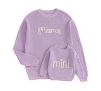 LSFYSZD Mommy and Me Family Matching Outfits Long Sleeve Crew Neck Knit Sweaters Mama&Mini Embroidery Jumpers Pullover Tops for Women Girls (Mini, 9-12 Months, Purple)