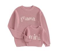 LSFYSZD Mommy and Me Family Matching Outfits Long Sleeve Crew Neck Knit Sweaters Mama&Mini Embroidery Jumpers Pullover Tops for Women Girls (Mama, XL, Pink)