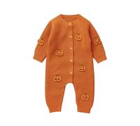 LSFYSZD Newborn Baby Boy Girl Halloween Outfit Pumpkin Embroidery Onesie Jumpsuit Long Sleeve Button Down Knitwear Sweater Jumper Rompers (Orange, 12-18 Months)