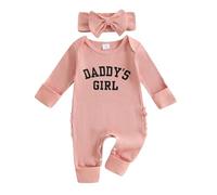 LSFYSZD Newborn Baby Girls Rib Knit Romper Jumpsuit Hello I'm New Here/Little Sister/Hello World Outfit Long Sleeve Preemie Infant Clothes (Daddy's Girl Pink, 0-3 Months)