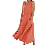 LSFYSZD Women Casual Solid Color Solid Color Crew Neck Sleeveless Pockets A-line Long Dress (Orange, M)