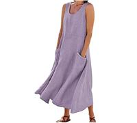 LSFYSZD Women Casual Solid Color Solid Color Crew Neck Sleeveless Pockets A-line Long Dress (Purple, L)