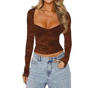 LSFYSZD Women Floral Lace Bralette and Long Sleeve Crop Top 2pcs Outfits See Through Fitted Sexy Low Cut Sheer Blouse Party Tops (X6-Brown, L)