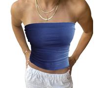 LSFYSZD Women Tube Crop Tops Summer Strapless Cotton Bandeau Bra Tank Tops Sleeveless Going Out Sexy Y2K Clothes (Navy Blue, M)