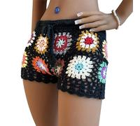 LSFYSZD Women's Crochet Knit Hollow Out Shorts Bikini Bottoms Cover Ups Handmade Granny Square Boho Floral Drawstring Waist Beach Shorts (Black, S)