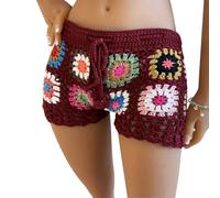 LSFYSZD Women's Crochet Knit Hollow Out Shorts Bikini Bottoms Cover Ups Handmade Granny Square Boho Floral Drawstring Waist Beach Shorts (Burgundy, S)