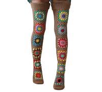 LSFYSZD Womens Winter Cable Knit Over Knee Socks Thigh High Ethnic Flower Crochet Knit Long Boot Socks Stocking Leg Warmer (A-Khaki, ONE SIZE)