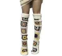 LSFYSZD Womens Winter Cable Knit Over Knee Socks Thigh High Ethnic Flower Crochet Knit Long Boot Socks Stocking Leg Warmer (A-WHITE, ONE SIZE)