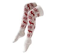 LSFYSZD Womens Winter Cable Knit Over Knee Socks Thigh High Ethnic Flower Crochet Knit Long Boot Socks Stocking Leg Warmer (Xmas Reindeer-White, ONE SIZE)