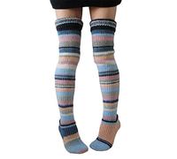 LSFYSZD Womens Winter Cable Knit Over Knee Socks Thigh High Ethnic Flower Crochet Knit Long Boot Socks Stocking Leg Warmer (Z17838-Striped Pink Light Blue, ONE SIZE)