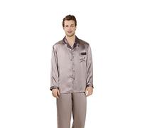 LSHARON Men's 100% Mulberry Silk Long Sleeves Pyjamas Set Loungewear Nightgown Sleepwear (S (Tag L), Grey)