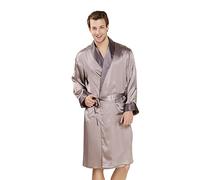 LSHARON Men's 100% Mulberry Silk Long Sleeves Robe Sleepwear Bathrobes Loungewear Nightwear Nightgown (S(Tag L), Grey)
