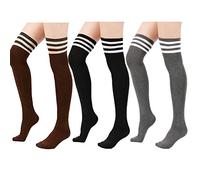 LSHARON Womens 3 Pairs Athlete Stripe Tube Over the Knee Thigh High Stockings Cosplay Socks (Black/Grey/Coffee)