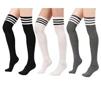 LSHARON Womens 3 Pairs Athlete Stripe Tube Over the Knee Thigh High Stockings Cosplay Socks (Black/White/Grey)