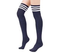 LSHARON Womens Pairs Athlete Stripe Tube Over the Knee Thigh High Stockings Cosplay Socks (Navy Blue)