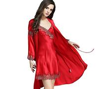 LSHARON Women's Sexy 100% Mulberry Silk Lace Pyjamas Sling Nightdress and Dressing Gown Set 19 Momme Pure Silk (M(Tag XL), Red)