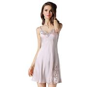 LSHARON Women's Sexy V-neck 100% Mulberry Silk Nightdress Nightgown Sleepwear Lingerie (S(Tag L), Silver)