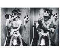 LSHDXD Woman in washing room on Toilet Print Wall Art Décor for Bathroom Toilet Cloakroom, Black and White Women in Bathroom Dressing Room Art Canvas Print Poster Pictures Paintings Murals,No Frame