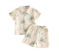 Lshyuehao Baby Boy Summer Outfits Solid Color Dinosaur Coconut Tree Print Button Down Collared Short Sleeve Shirt and Shorts 2 Pcs Set (A-Khaki, 18-24 Months)