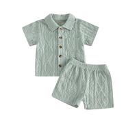 Lshyuehao Baby Boy Summer Outfits Solid Color Dinosaur Coconut Tree Print Button Down Collared Short Sleeve Shirt and Shorts 2 Pcs Set (D-Green, 2-3T)