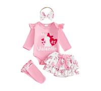 Lshyuehao My First Valentines Day Baby Girl Outfit Long Sleeve Letters Heart Printed Romper with Ruffle Skort 4Pcs Set (D-Deep Pink, 9-12 Months)