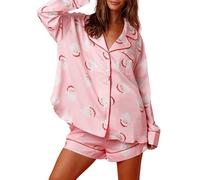 Lshyuehao Women Christmas Pajamas Shorts Set Santa Bow Tie Long Sleeve Button Down Knotted Pjs 2 Piece Xmas Pjs Sets (B-Pink, M)