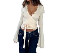 Lshyuehao Women Pilates Wrap Top Front Tie Slim Deep V-Neck Cross Wrap Tops Workout Pilates Ballet Yoga Shirt Y2K Coquette Blouses (A-White, L)