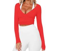 Lshyuehao Women Pilates Wrap Top Front Tie Slim Deep V-Neck Cross Wrap Tops Workout Pilates Ballet Yoga Shirt Y2K Coquette Blouses (F-Red, S)
