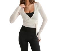 Lshyuehao Women Pilates Wrap Top Front Tie Slim Deep V-Neck Cross Wrap Tops Workout Pilates Ballet Yoga Shirt Y2K Coquette Blouses (C-White, S)