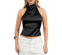 Lshyuehao Women Satin Halter Top Cute High Mock Neck Silk Tank Tops Sexy Open Back Solid Color Camisole Summer Going Out Tops (B-Black, L)