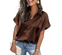 Lshyuehao Womens Satin Button Down Shirts Short Sleeve Silk Tops Summer Satin Blouse Business Casual Outfits (A-Chocolate, L)