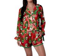 Lshyuehao Womens Silk Christmas Pajamas Satin 2 Piece Bow Tie Pjs Long Sleeve Button Down Knotted Pjs Shorts Set (I-Red Gnome, L)