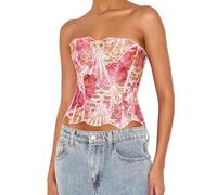 Lshyuehao Womens Strapless Bustier Corset Top Lace Up Boned Overbust Corset Sexy Textured Sheer Floral Going Out Corset Tops (A-Red 1, L)