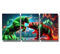 LSIUHWUWI 3 Pieces Wall Art Stock Market Bull Vs Bear Sign Poster Trading Investor A Digital Bull and Bear Face off Amidst Canvas Trader Prints for Office Wall Decor 48x24 inches