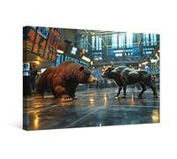 LSIUHWUWI Trading Bull Art Canvas Print Office Decor Trader, Bear and A Bull Statue Stand in a Stock Exchange Wall Decor Stock Market Investing Poster for Living Room Bedroom Decor 12x16 Inch