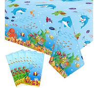 LSJDEER 4 Pieces Under The Sea Tablecloths - Ocean Waves Underwater Creatures Ocean Animals Table Cover Waterproof Blue Tablecloths for Fishing Baby Shower Birthday Party Decoration Supplies