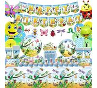 LSJDEER Insect Birthday Party Decorations - Bugs Party Supplies, Plates Cups Napkins Tablecloth Happy Birthday Banner Balloon Cake Toppers for Class Office Garden Reptile Baby Shower