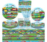 LSJDEER Transportation Party Supplies - 20pc Dinner Plates, Dessert Plates, Cups, Napkins, Tablecloth & Straws - Blue, Cartoon Pattern - Truck, Cars, Construction Theme - Serves 20