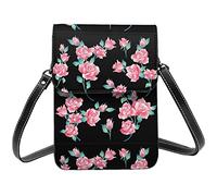 Lsjuee Bright Flowers On Black Background Crossbody Bag Crossbody Cell Phone Purse Women Pu Small Crossbody Wallet Purse Shoulder Bag