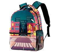 Lsjuee Cartoon Summer Night City Backpack Lightweight Laptop Backpack Multifunction Travel Daypack Gift for Teen