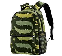 Lsjuee Cute Green Gator Crocodile Pattern Backpack Laptop Compartment & Dual Drink Bottle Sleeves for Teen School Bags