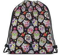 Lsjuee Mexican Sugar Skull Drawstring Bags Backpack Bag Dead Of The Dead Colorful Skeleton Flowers Heart Pattern Sport Gym Sack Drawstring Bag String Bag Yoga Bag for Men Women