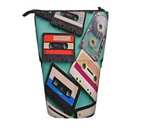 Lsjuee Old Cassette Tape Print Pencil Case, Stand up Pencil Pouch, Telescopic Stationery Pen Pouch, Standing Pencil Bag with Zipper
