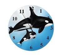Lsjuee Orcas Round Wall Clock,Black Orca Mother and Child Swim in The Blue Ocean Round Wall Clock Home Garden Wall Decorative for Bedroom Office School Art(10")