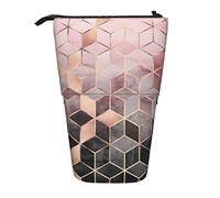 Lsjuee Pink Grey Gradient Cubes Print Pencil Case, Stand up Pencil Pouch, Telescopic Stationery Pen Pouch, Standing Pencil Bag with Zipper