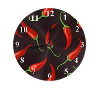 Lsjuee Red Chilli Pepper Round Wall Clock,Tabasco Chilli Spices Pepper Black Seamless Pattern (2) Round Wall Clock Home Garden Wall Decorative for Bedroom Office School Art(10")