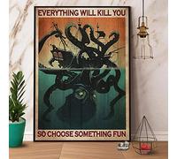 Lsjuee Retro Tin Sign Kraken and Ancient Sail Boats Choose Something Fun Cute Metal Sign Garage Street Cafe Bar Club Kitchen Wall Decoration Country Farm Bathroom Retro Fun Metal Tin Sign Best Gift