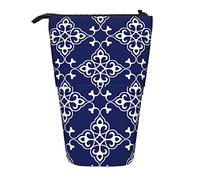Lsjuee Telescopic Pencil Case Moroccan Navy Blue Standing Pencil Pouch Stationery Organizer Bag, Portable Pen Case Holder for Office School Teens Bags Girls