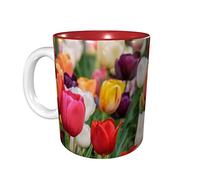 Lsjuee Tulips Coffee Mugs 11 OZ Ceramics Mug for Office and Home Water Tea Mug Cup Inside Red