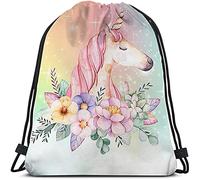 Lsjuee Unicorn Drawstring Bags Backpack Bag Pink Animal Wavy Hair Unicorn Summer Flowers Stars Galaxy Nebula Universe Rainbow Sport Gym Sack Drawstring Bag String Bag Yoga Bag for Men Women